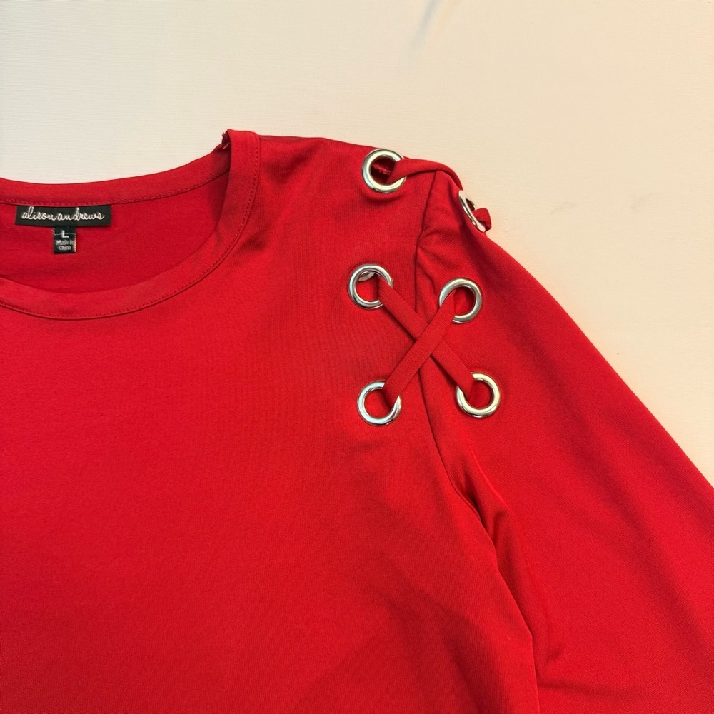 Alison‎ Andrews Red Top Large Grommet Lace-Up Shoulder Long Sleeve Blouse - Picture 2 of 12